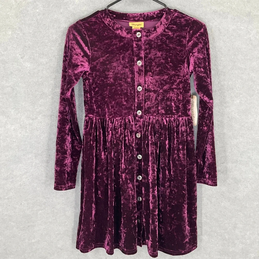 Wrangler Girls Purple Velvet Long‎ Sleeve Buttons Dress Sz L Cowgirl Western